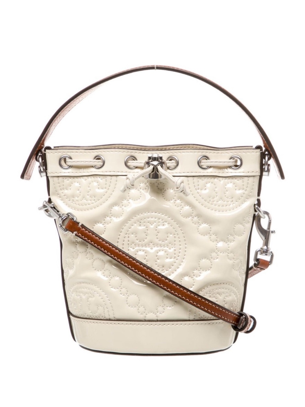 Tory Burch Cream Quilted Logo Bucket Bag with Brown Strap